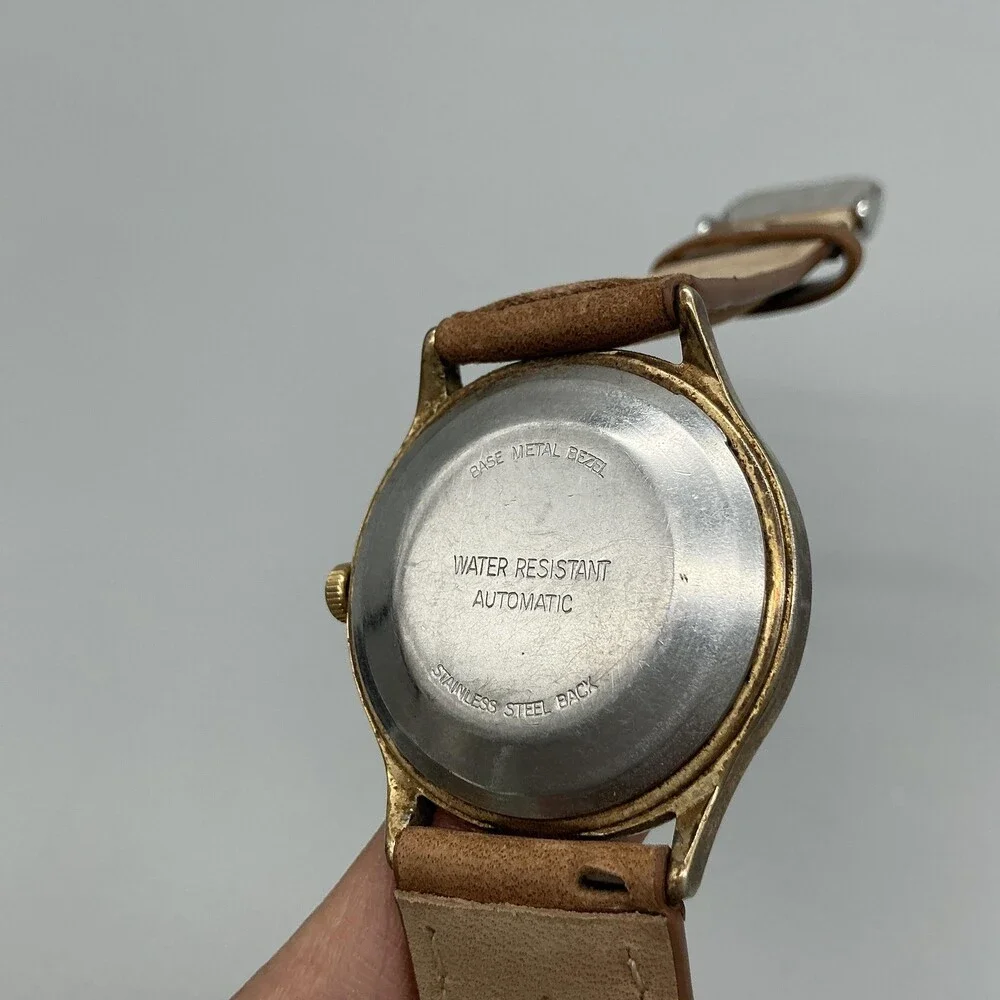 Vintage Timex Automatic Mens Watch 35mm Gold Tone Date Brown Leather Strap